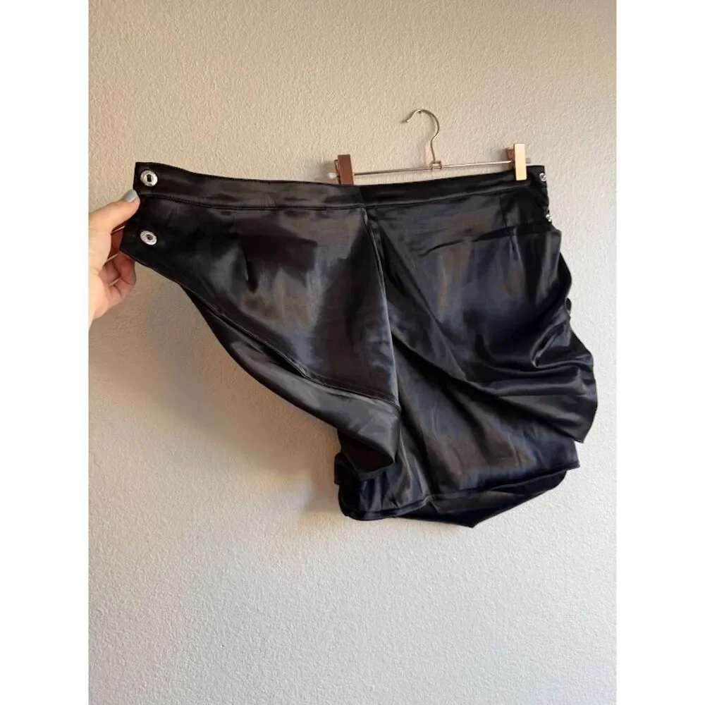 Maniere De Voir Black Satin Ruched Wrap Mini Skirt in Black & Silver size 6 UK10
